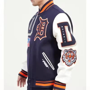 Varsity <b>Jacket</b> <b>Men's</b> Embroidered Letter Patch Design Navy <b>White</b> Cotton Polyester Zipper Front - Product Image 2