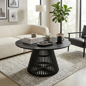 Modern Black Wood <b>Round</b> Coffee <b>Table</b> Slatted Tapered Cage Base Wooden Center Side <b>Table</b> <b>Patio</b> Living Room Setup Art Design - Product Image 3