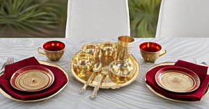 Indian Traditional Embossed <b>Dinner</b> Set Handcrafted Brass Thali Plate Bowls with Glass Spoon Beautiful Tableware Gift for <b>Dinner</b> - Product Image 4