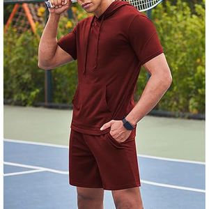 2025 nuevo chándal atlético de alta calidad transpirable de secado rápido rojo vino manga corta Casual deportes Sudadera con capucha pantalones cortos activos - Product Image 2