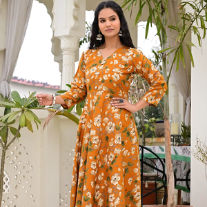 Robe mi-mollet décontractée pour femme, en coton 100 %, à imprimé floral orange, col en V, manches trois quarts, coupe trapèze - Product Image 1