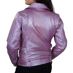 Veste de motard en cuir violet métallisé pour femmes, nouvelle veste de motard en cuir de moto brillante de style matelassé pour Rockstar - Product Image 4