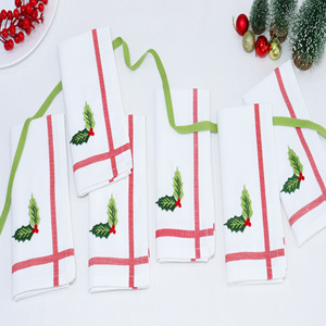 Giáng sinh 100% bông vải khăn ăn 18x18 Thêu Cây tầm gửi Trắng Đỏ Xanh-mềm bền tái sử dụng có thể giặt bữa ăn tối Khăn ăn - Product Image 3