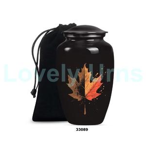 Urna para adultos de cremación de aluminio grande de hoja de arce roja hermosa para cenizas humanas, urna funeraria negra decorativa con bolsa de terciopelo gratis - Product Image 3