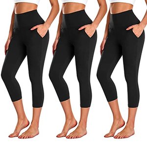 Leggings capri taille haute pour femmes avec poches, pantalon de yoga extensible et respirant, couleur unie noire, tricoté, style sportif et décontracté - Product Image 1