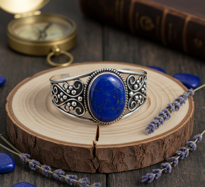 ทำด้วยมือธรรมชาติ Lapis Lazuli Cabochon 925เงินสเตอร์ลิงสีโรสโกลด์14K ทองโบฮีเมียนผู้ชายปรับขนาดกำไลเปิดได้ - Product Image 2