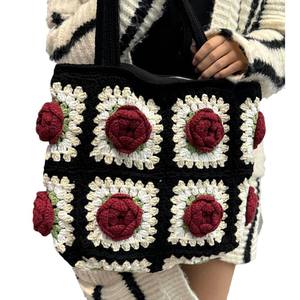 Bolso de Mano de Ganchillo de Algodón Hecho a Mano, Cierre de Cremallera, Forro de Poliéster Resistente, Decoración de Rosas 3D, Elegante, Retro, Grande - Product Image 5