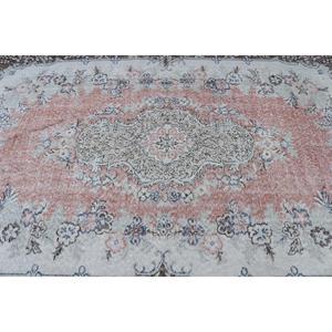 Tapis vintage 5,5x9 pieds, grand tapis turc, tapis en laine blanc et marron à bordures - Product Image 5