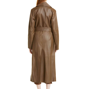 Nuevo abrigo largo de cuero de retales de Invierno para mujer a prueba de viento transpirable Color caqui abrigo largo con cinturón de prendas FM - Product Image 2