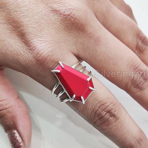 Bague pour femme en argent sterling 925, faite à la main, avec pierre précieuse naturelle corail rouge AAA en forme de cercueil, pierre de naissance de avril, cadeau d'anniversaire de mariage - Product Image 5
