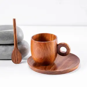 Akazien holz Tasse Untertasse und Löffel Set Kaffee trinken Zubehör Werkzeuge Tee tasse und Holz Untertassen Geschenkset