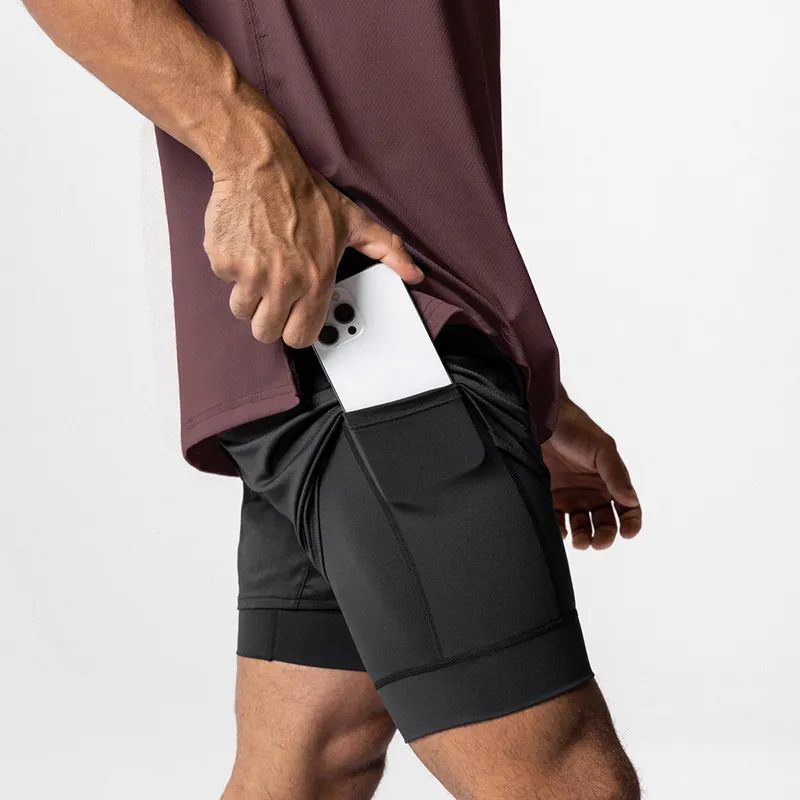 Men's Compression Running Shorts With Drawstring 2-In-1 Mens Sports Shorts Black Activewear Men Shorts