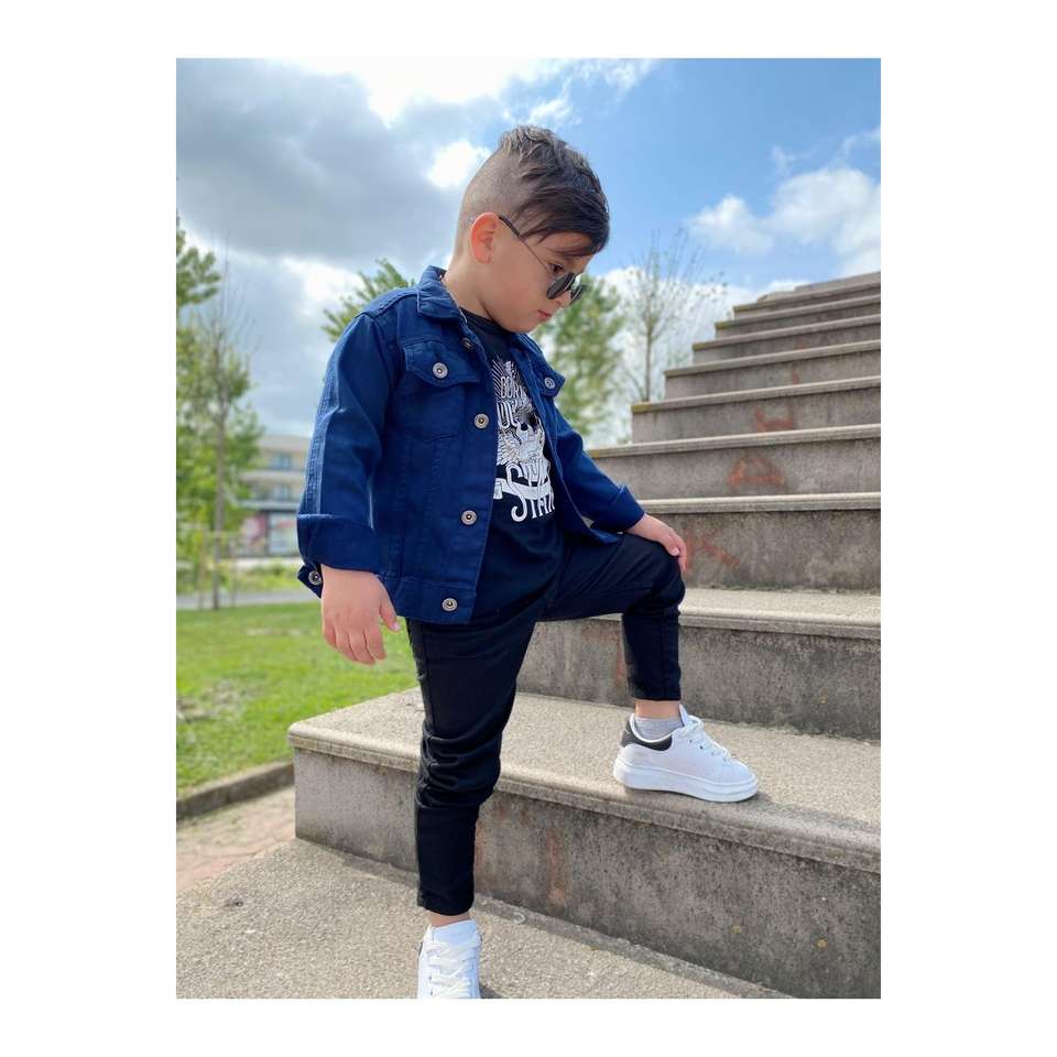 3 Piece Gabardine Denim Set With Navy Blue Jacket