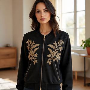 Chaqueta universitaria bordada de manga de cuero de Invierno para mujer, chaqueta universitaria de béisbol con cuello redondo transpirable 100% de lana recortada para mujer - Product Image 3