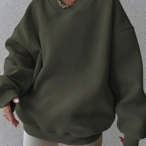 Sudadera de gran tamaño con cuello en V para mujer, jersey de lana de algodón de peso pesado, ropa de invierno informal de manga larga con hombros caídos - Product Image 1