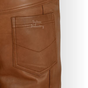 Pantalones de cuero marrón Nappa Real para hombre con tela de algodón estilo recto cintura media-Streetwear Jeans de moda para niños - Product Image 3