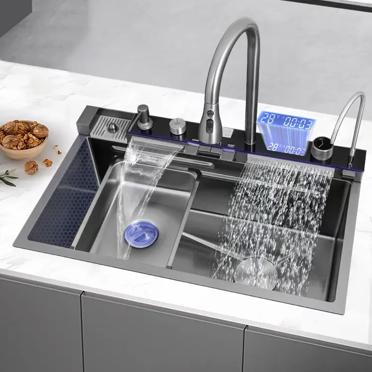 Grifo Extraíble de Doble Cascada con Pantalla Digital Led, Fregadero de Cocina Inteligente, Nano, Negro, Acero Inoxidable 304, con Arandela de Taza