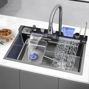 Affichage numérique à Led Double Cascade Fly Rain Pull-Out Faucet 304 Acier inoxydable Noir Nano Évier de cuisine intelligent avec lave-gobelet