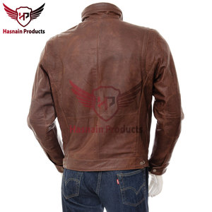 Blouson de motard en cuir véritable marron pour homme, col montant, en cuir de vachette, épaules matelassées, poches zippées, personnalisé, classique, chaud pour l'hiver - Product Image 5