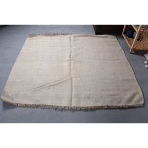 Alfombra turca Vintage moderna de 5,4x4,8 pies, Beige, hecha a mano, diseño clásico de retazos, lana, piel sintética de conejo, látex, pasillo rectangular - Product Image 4