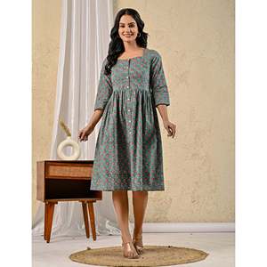 Robe en coton imprimée à la main motif floral vert, style décontracté avec col carré, taille naturelle, respirante, design personnalisé, tailles XS à 5XL - Product Image 3