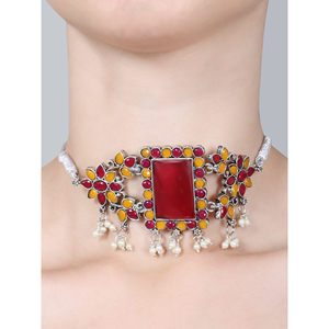 Gargantilla Vintage con Flores Rojas y Amarillas, Adornada con Perlas de Imitación y Diamantes - Product Image 4