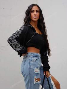 Sudadera con capucha negra recortada con diamantes de imitación y cremallera, Diseño de manga con letras personalizadas, ropa de calle de gran tamaño, chaqueta con logotipo personalizado de algodón con cremallera completa - Product Image 5