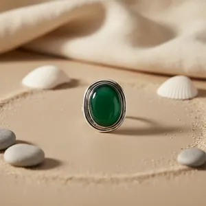 Women's Geometric White Gold Sterling Silver <b>Ring</b> with Rhodium Plated Oval Cut <b>Green</b> Onyx and Zircon Gemstone Statement Piece - Product Image 3