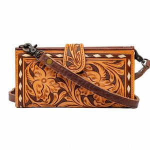 Premium Quality Handmade Boho Cowhide Clutch Vintage Western Fashion Wallet with <b>Tooled</b> Design <b>Canvas</b> Lining for Cards Cash - Product Image 1