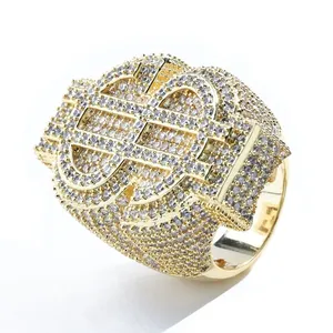 Bague en laiton plaqué or 18 carats avec symbole dollar micro-pavé de zircons, style hip-hop, personnalisable, bijou de créateur pour homme - Product Image 1
