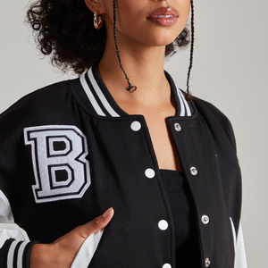 Chaqueta universitaria de lana bordada negra para mujer, Top de lana completa, relleno de algodón, Collage sólido, Letterman, chaqueta universitaria para mujer - Product Image 2