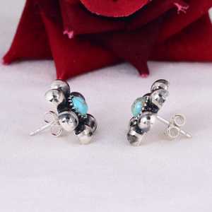 ต่างหูเงินแท้ทรงดอกไม้ประดับพลอยเทอร์ควอยซ์ทรงกลม ดีไซน์หรูหราสไตล์โบฮีเมียน เหมาะสำหรับงานปาร์ตี้และเป็นของขวัญ - Product Image 2