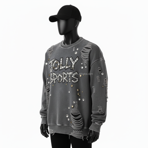 High Quality 380 GSM Men <b>Sweatshirt</b> <b>Vintage</b> Washed Cotton Fleece With Rhinestone Embellished Custom Logo Basics <b>Sweatshirt</b> - Product Image 3