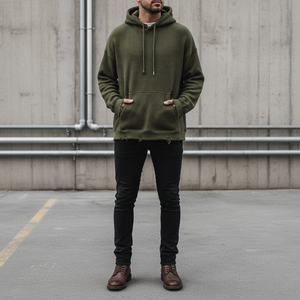Sudadera con Capucha de Invierno para Hombre, Personalizada, de Felpa Verde Oliva de 360 g/m², Estilo Urbano Desgastado, Corte Regular, con Orificios para los Pulgares - Product Image 4