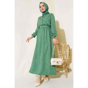 Robe en lin à taille élastique Vert - Product Image 3