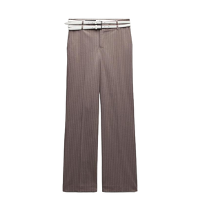 Pantalones formales elásticos de rayas marrones de algodón de la mejor calidad para reuniones de negocios disponibles a granel - Product Image 1