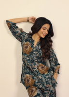 Ensembles deux pièces à imprimé floral multicolore vert haut court à col en V et pantalon large 100% coton ensemble coordonné imprimés floraux