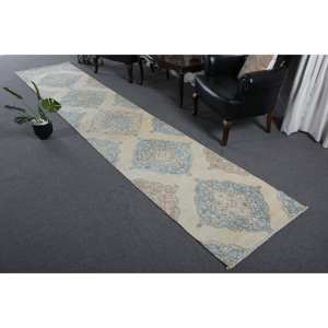 พรมขนสัตว์ลายเย็บปะสีเบจสีฟ้าแบบดั้งเดิม2.7 x 13.7ft สี่เหลี่ยมผืนผ้าตุรกีพรมห้องนั่งเล่นกองตุ๊กตาพรมยางความสูงสำหรับห้อง - Product Image 1