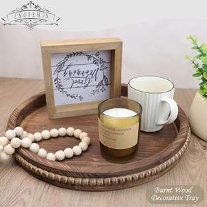 Plateau de service rond en bois brûlé avec perles, plateau décoratif en bois pour le divertissement, la décoration et les cadeaux - Product Image 1