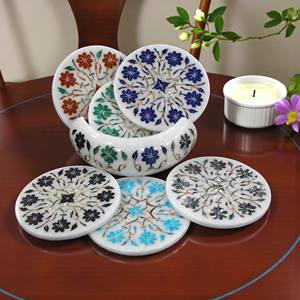 Antique Marble Coffee & Wine Glass <b>Coaster</b> <b>Set</b> Handmade Multi Precious Inlay Stone Home Kitchen & Bar Accessories - Product Image 1