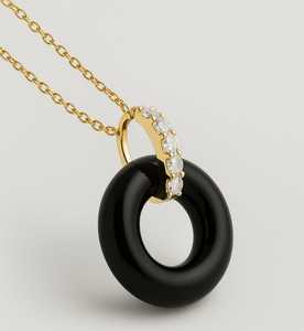 Pendentif en or jaune massif 14 carats magnifiquement conçu en forme de beignet Onex noir avec cadeau de mariage plaqué rhodium Moissanite - Product Image 2