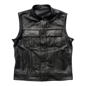 <b>Men's</b> Plus Size Moto Biker Leather <b>Vest</b> Stand Collar Zipper Closure Solid <b>Black</b> Outer Wear Regular Length Leather <b>Vest</b> For <b>Men's</b> - Product Image 3