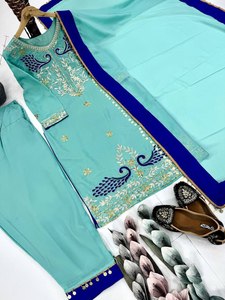 ชุด kurta อินเดียสำหรับผู้หญิงที่มีกางเกงพาลาซโซและ dupatta ที่มีการปักด้วยมือเหมาะสำหรับฟังก์ชั่นชาติพันธุ์และสวมใส่ในงานปาร์ตี้ - Product Image 4