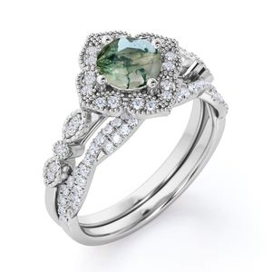 Anillo de Boda para Mujer de Plata de Ley 925 Chapado en Oro de 14k con Ágata Musgosa y Circonita Cúbica, Doble Banda Elegante para Fiestas y Regalos - Product Image 4