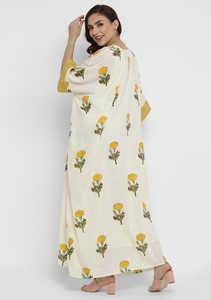 Vestido caftán con estampado floral Llamativo Manga tres cuartos Hasta el suelo Cintura natural Tela tejida ecológica - Product Image 3