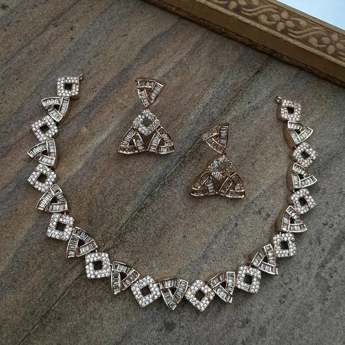 Latest Geometrical pattern necklace & earrings set with copper coated American Diamond CZ Zircon stone necklace set for woman's