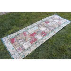 Vintage Turkish <b>Runner</b> Rug 2.8x8.4 ft, Green <b>Red</b> Solid Wool Rug - Product Image 3