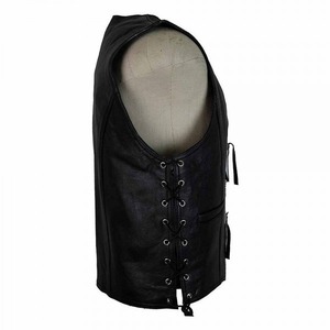 Gilet en cuir de vache véritable noir, respirant pour l'automne, avec fermeture à boutons recouverts uniques et côtés ajustables à lacets - Product Image 3