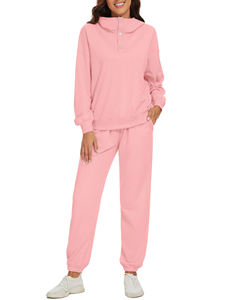 High Quality 350gsm <b>Women's</b> Long Sleeve Sweatshirt <b>Pant</b> Set Fall Winter New Fashion Solid Casual Ankle Buttoned Tracksuit - Product Image 5