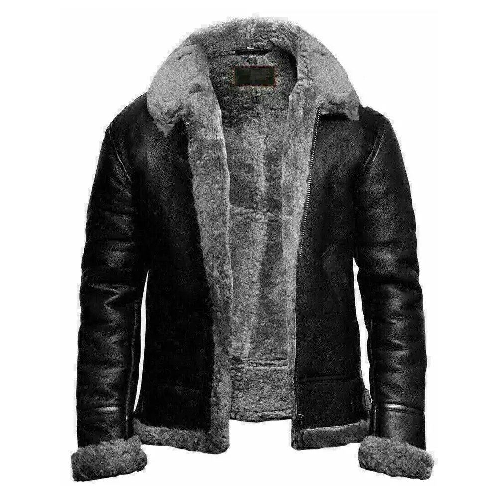 Leather Jacket Men's Fur Genuine Bomber Sheep Skin Black&grey Genuine Customized Shell for Winter